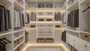 "Luxurious organized closet with white shelving, gray velvet hangers, clear storage boxes with brass labels, woven baskets and soft lighting"