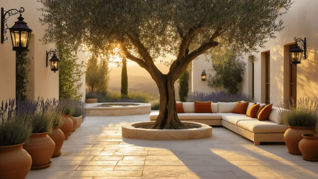 "Mediterranean courtyard bathed in golden sunlight with olive tree, limestone flooring, terracotta pots, and cream sofa"