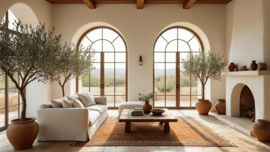 "Mediterranean living room interior with white stucco walls, arched windows, terracotta tiles, and olive trees during golden hour"