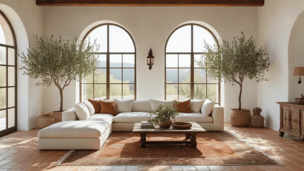 "Mediterranean villa interior with whitewashed walls, arched windows, terracotta floors, rustic wood furniture and iron accents, bathed in natural light"