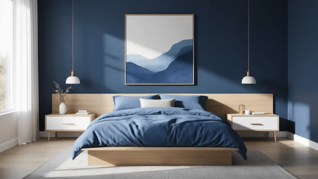 "Minimalist blue bedroom with platform bed, navy walls, white oak nightstands, and abstract canvas, bathed in morning light"