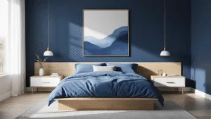 "Minimalist blue bedroom with platform bed, navy walls, white oak nightstands, and abstract canvas, bathed in morning light"