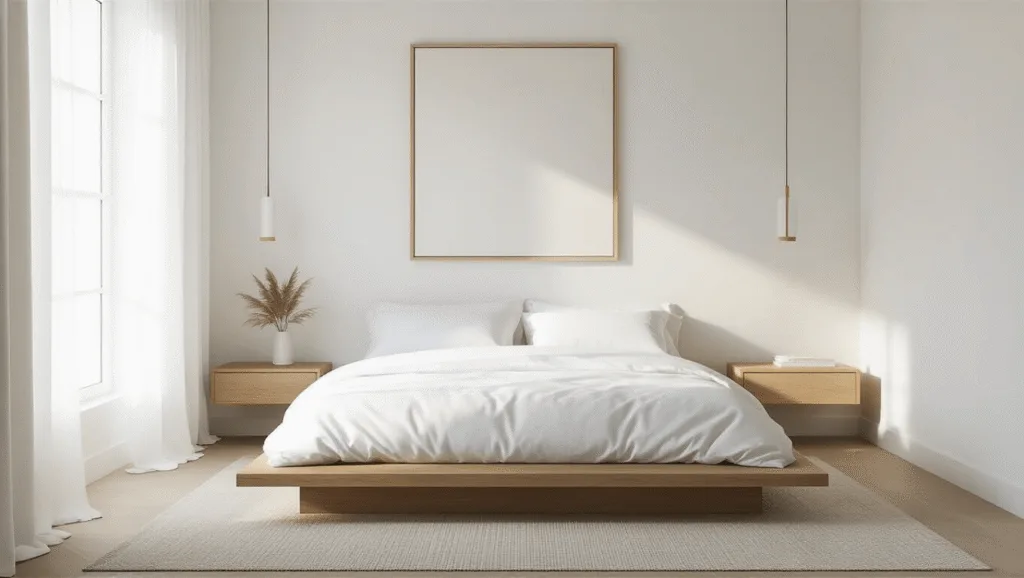 "Minimalist bedroom with oak platform bed, white linen bedding, wooden nightstands, and sheer curtains in morning light"