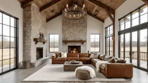 "Modern rustic barndominium living room with high ceilings, exposed beams, stone fireplace, and leather sectional under natural light"