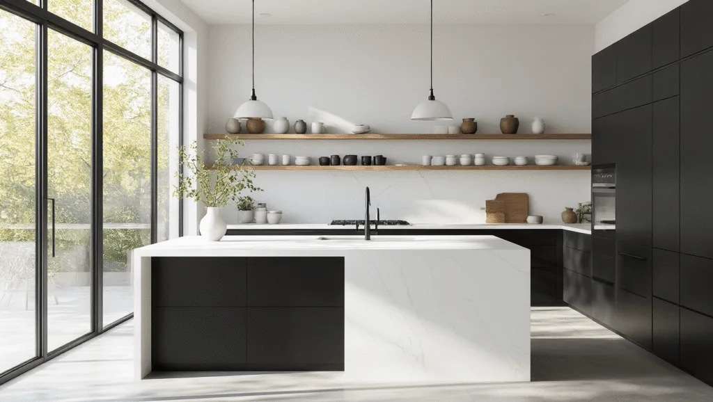 "Modern minimalist kitchen with white quartz island, matte black cabinets, and morning sunlight"