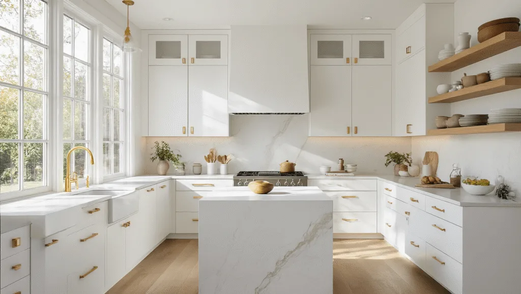 "Modern small kitchen with white minimalist cabinets, brass hardware, waterfall quartz island, floating oak shelves with ceramics, and natural light streaming through window"