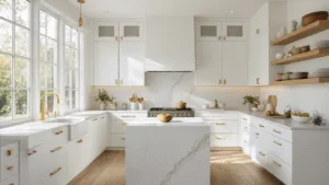 "Modern small kitchen with white minimalist cabinets, brass hardware, waterfall quartz island, floating oak shelves with ceramics, and natural light streaming through window"