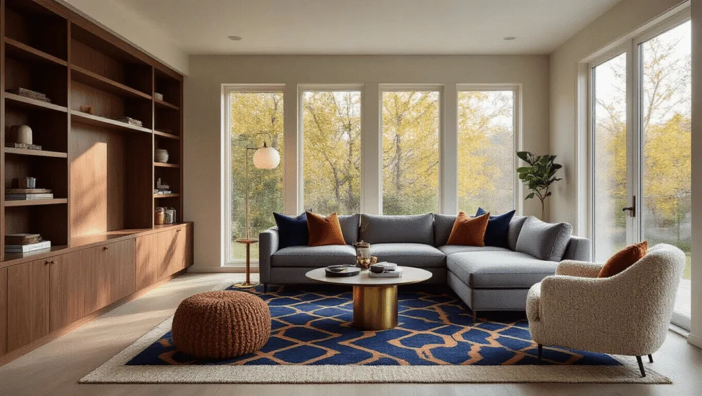 "Modern bonus room featuring a plush gray sectional sofa, textured accessories, modular furniture and warm lighting with neutral background"
