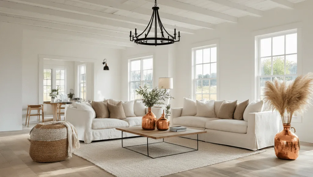"Bright modern farmhouse interior with white beams, a cream linen sofa, black metal chandelier, copper vessels, pampas grass, and natural sunlight creating a clean background."