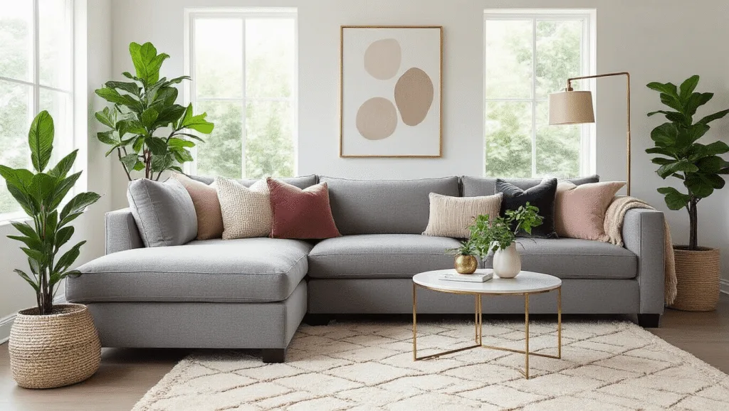 "Modern living room with grey sectional sofa, textured pillows, indoor plants, brass accents, and natural light"