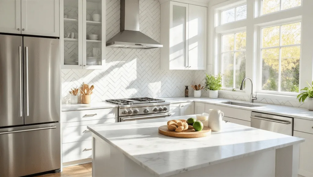 "Modern kitchen interior with white herringbone subway tile backsplash, stainless steel appliances, and marble-topped island in bright morning sunlight"
