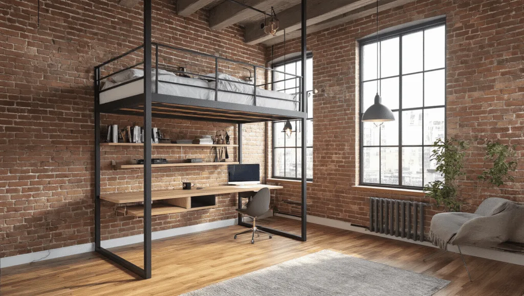 "Modern loft-style apartment with queen-size elevated bed, workspace below, exposed brick wall, oak flooring, large windows, and industrial lighting."