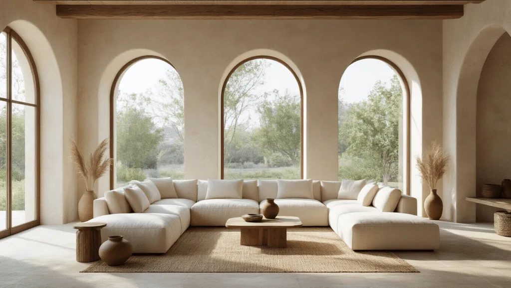 "Modern Mediterranean living room with arched windows, cream sectional sofa, stone wall, and minimal decor illuminated by natural light"
