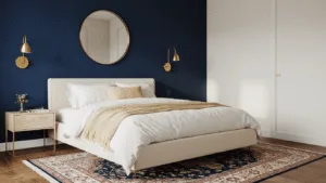 "Modern minimalist bedroom with navy accent wall, platform bed, brass sconces, and Persian rug"