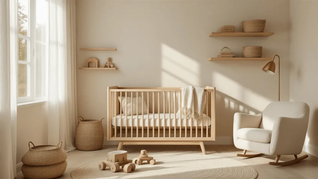 "Modern nursery with minimalist wooden crib, beige walls, rattan accents, ivory glider, and oak shelves under soft morning light"