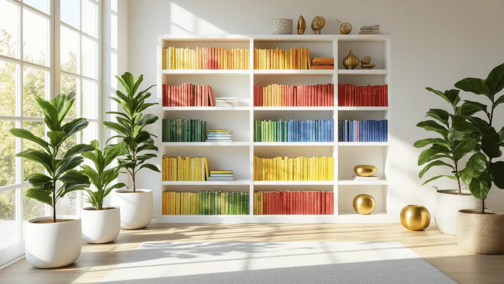 "Sunlit living room with rainbow books on white modern bookshelves, fiddle leaf fig plants in white pots, and decorative brass objects"