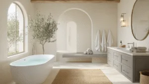 "Neutral spa bathroom with limestone floor, oak vanity, soaking tub, and natural light accents"