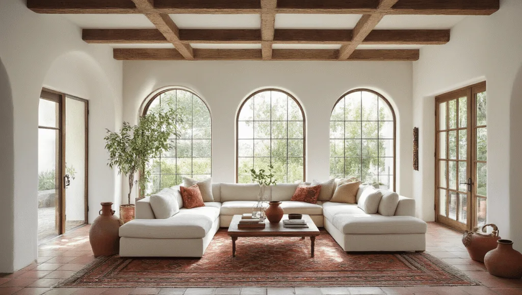 "Sunlit living room featuring modern Spanish revival interior with arched windows, exposed wooden beams, terracotta tiles, a cream sectional, Moroccan rug, ceramic vessels, and wrought iron details."