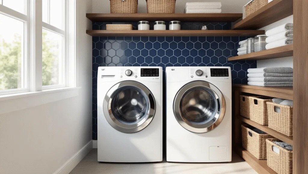 "Modern laundry room with stacked white appliances, navy hexagon tile backsplash, walnut shelves with glass storage and woven baskets, bathed in natural light"