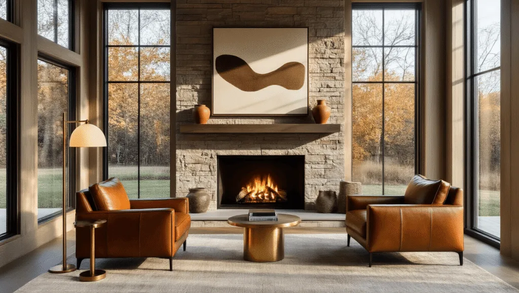 "Contemporary living room with stacked stone fireplace, cognac leather armchair, brass accents, and warm lighting during golden hour"