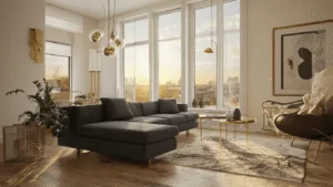 "Sunlit modern living room with dark grey couch, brass accents, cream walls, abstract art, oak flooring and floor-to-ceiling windows during golden hour"