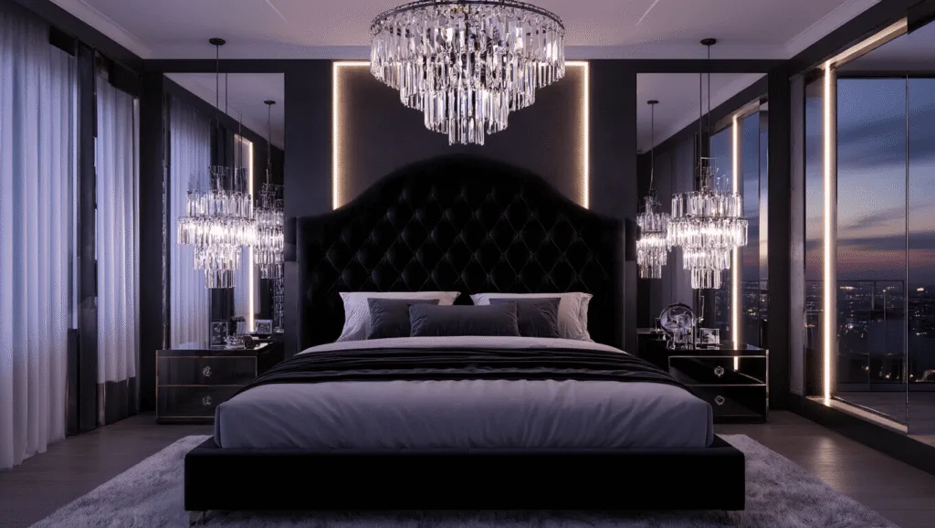 "Luxurious modern bedroom with black velvet headboard and crystal chandelier during twilight"