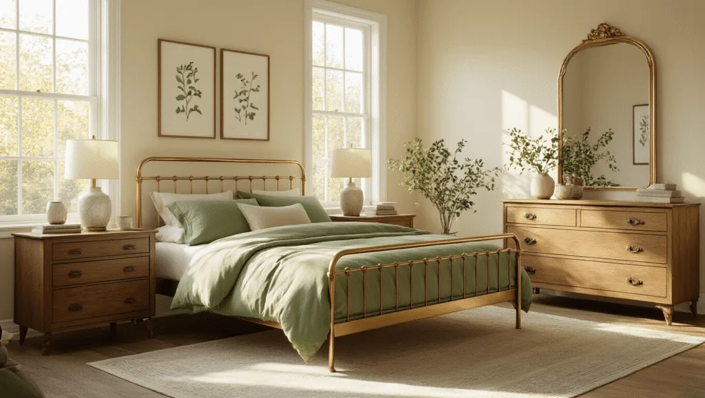 "Sunlit bedroom with brass-framed bed, sage green linens, vintage oak dresser, art deco mirror, botanical prints, and warm cream walls during the golden hour"