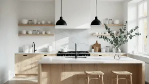 "Bright Nordic kitchen with white walls, bleached oak cabinets, marble countertops and black pendant lights"