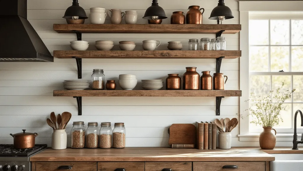 "Sunlit farmhouse kitchen with rustic floating shelves, vintage pottery, copper vessels and leather-bound cookbooks"