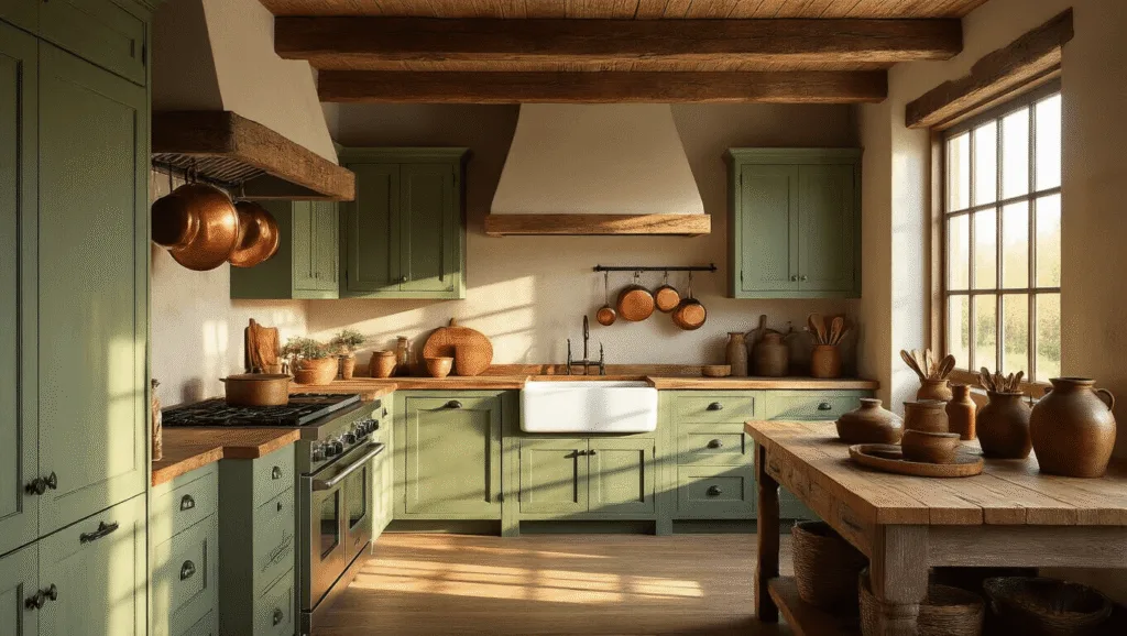 "Rustic kitchen with sage green cabinets, wooden ceiling beams, a farmhouse sink, and wooden island in warm golden hour sunlight."