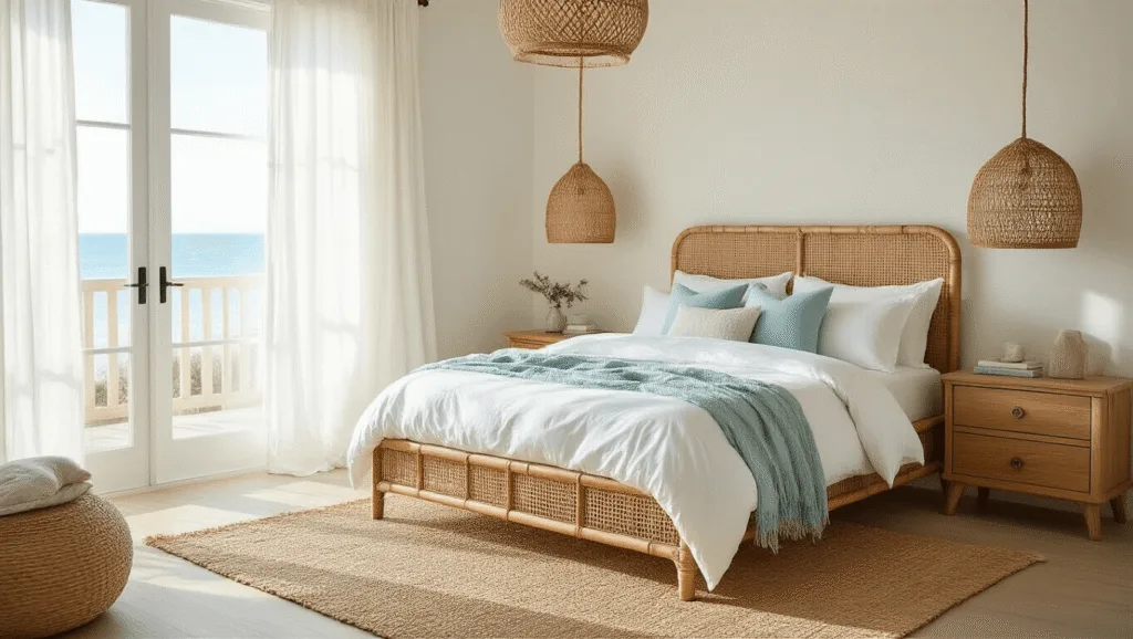 "Sunlit coastal bedroom with rattan bed, white linens, seafoam blue accents, oak nightstands, and woven pendant light"