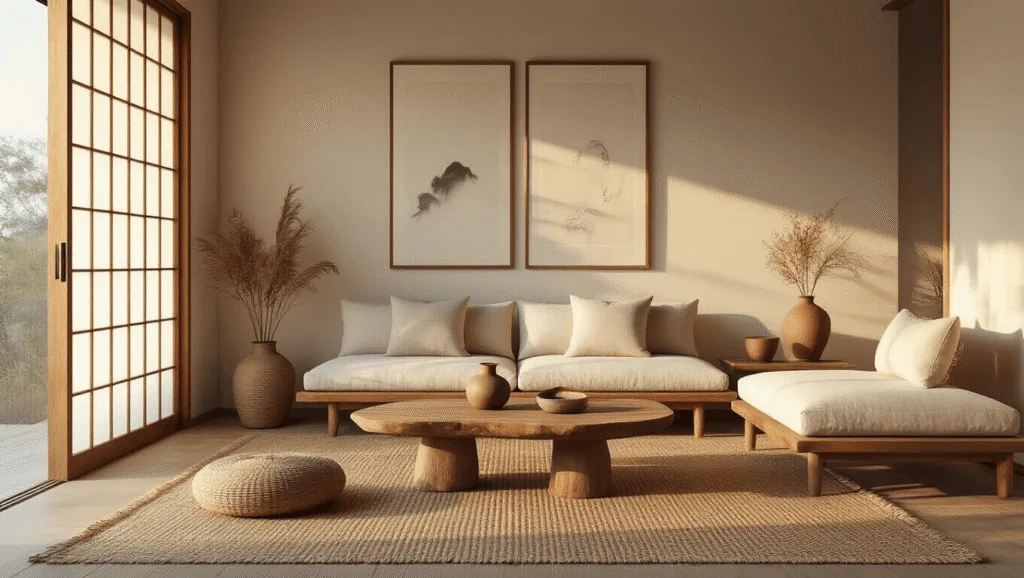 "Serene minimalist Japandi living room with golden hour light filtering through shoji screens, featuring a linen sofa, walnut coffee table, jute rug, and ceramic vessels in earth tones"