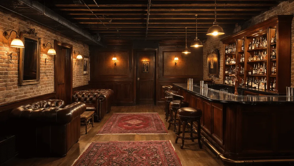"Vintage speakeasy-style basement bar with mahogany wood, black marble countertop, brass fixtures, leather sofas, antique mirrors, and Persian rugs during golden hour"