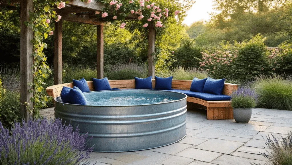 "Sunlit backyard with a stock tank pool, curved cedar bench with navy cushions, potted lavender garden, stone pavers, and rose-covered pergola in gentle natural lighting."