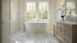 "Elegant transitional bathroom with freestanding oval tub, marble herringbone floor, chrome fixtures, and natural morning light"