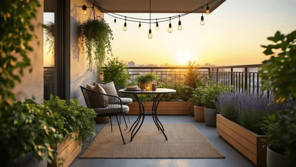 "Cozy urban balcony with bistro set, string lights, and potted plants during sunset"