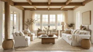 "Vintage modern farmhouse living room with exposed beams, whitewashed oak floors, antique furniture, in creamy whites and soft beiges, during golden hour"