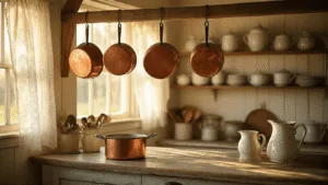 "Vintage farmhouse kitchen with copper pots, rustic wooden features, antique enamelware and lace curtains during golden hour"