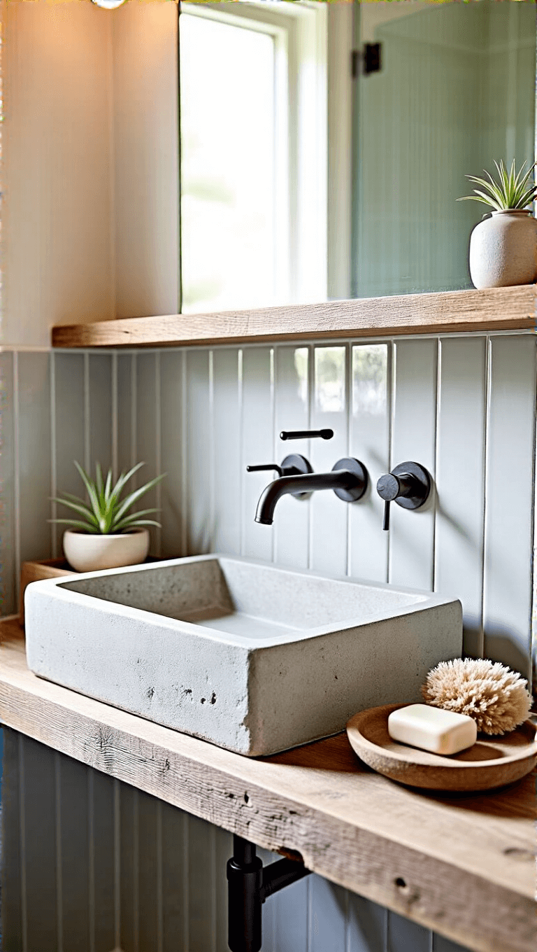 Afternoon-lit compact guest bathroom with wall-mounted faucet over stone basin, vertical gray subway tiles, floating reclaimed teak shelf displaying soap dish, air plant and sea sponge, captured at vanity height showing mirror reflection.