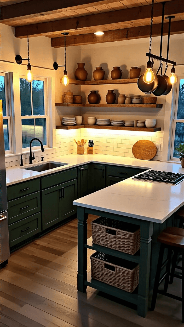 Aerial view of a dusky, corner L-shaped kitchen with Edison bulb sconces casting warm light on reclaimed barn wood cabinets paired with creamy white quartz countertops, with a ladder-style pot rack hanging from exposed ceiling joists, and woven basket storage under a peninsula seating; deep green lower cabinets and open shelves with earthenware collections add further character to the moody space.