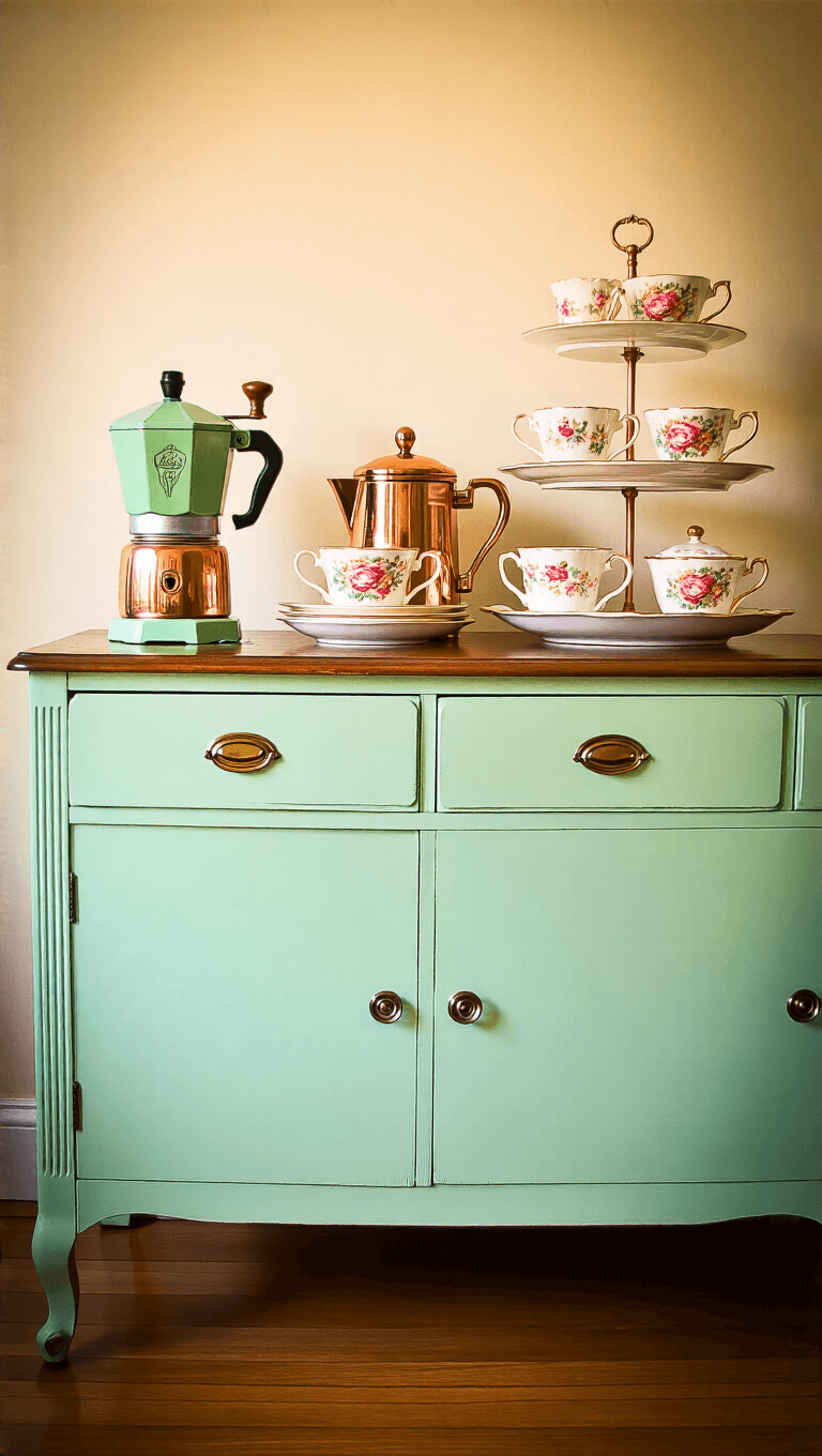 Restored 1950s sideboard with a mint green manual coffee grinder, retro percolator, floral china cups on a tiered cake stand, and copper accessories, bathed in a late afternoon golden hour glow.