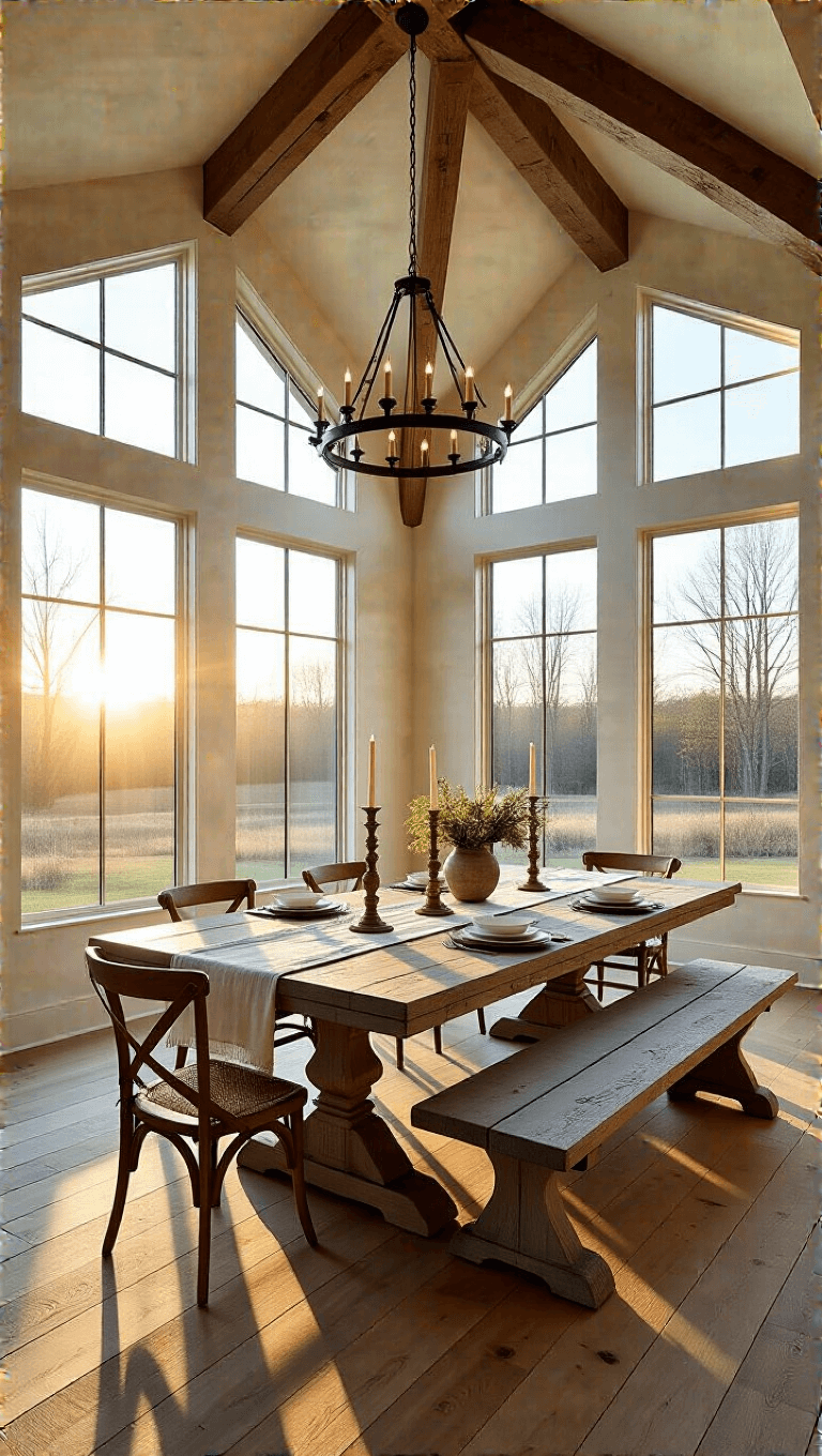 Great room with high cathedral ceilings, exposed oak beams, golden light streaming through large windows onto pine floor, with a farmhouse table set with brass candlesticks and white linen, shot at a low angle during golden hour.