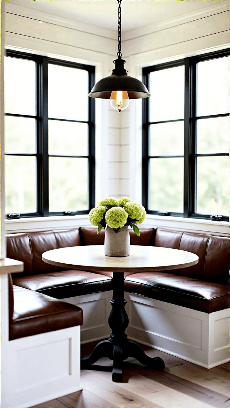 Cozy kitchen nook with white shiplap walls, black steel-framed windows, a distressed leather breakfast banquette and a round table with hydrangeas, under a vintage pendant light in morning light.