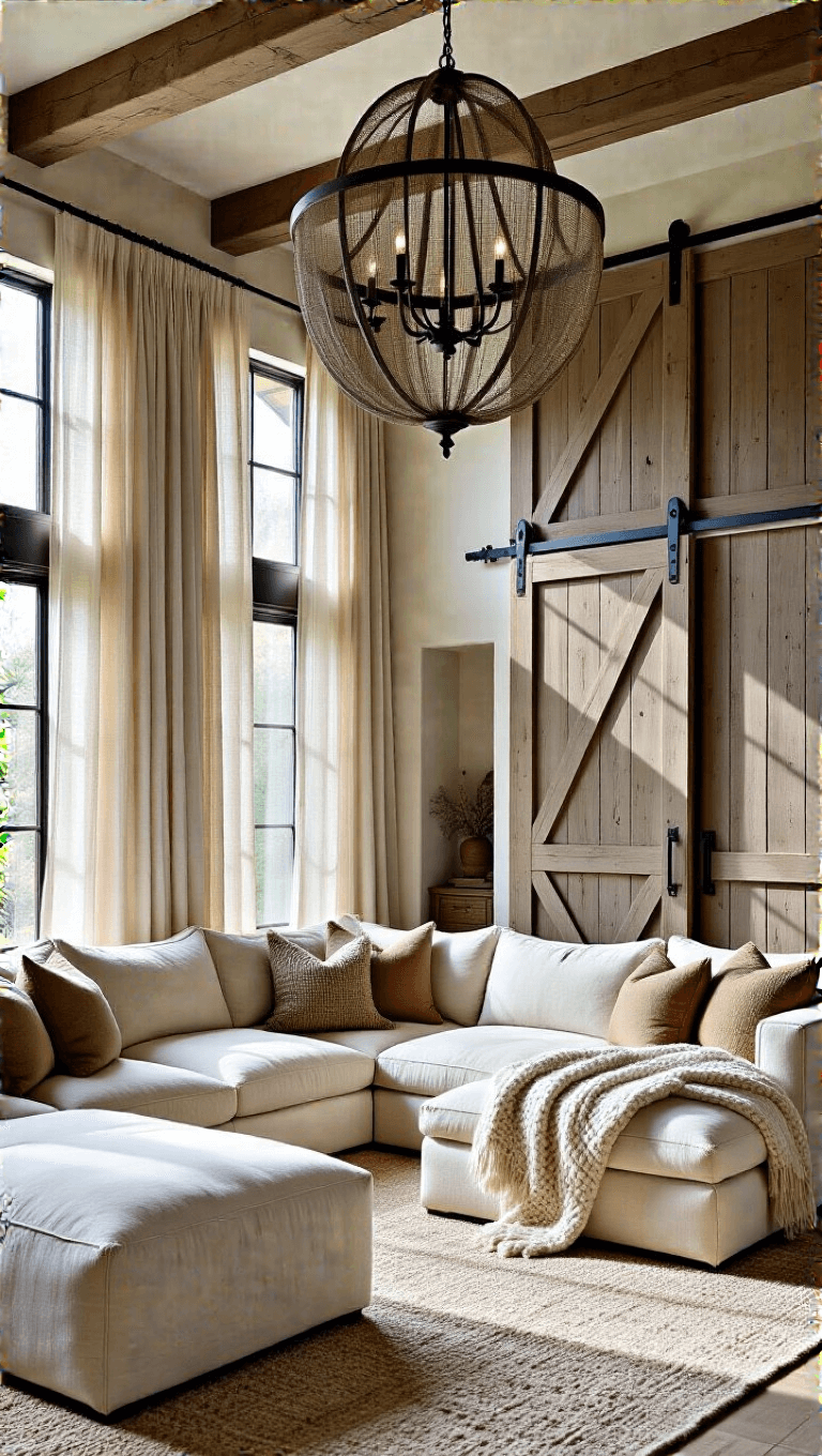 Dramatic 25ft living room with sliding barn door feature wall in aged cedar, cream linen sectional with textured pillows, wrought iron chandelier, with natural and warm light filtering through gauzy curtains.