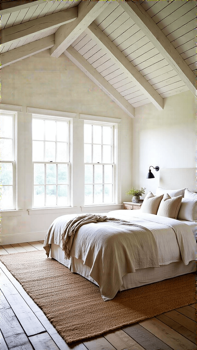 Serene master bedroom with vaulted ceiling, antique windows, king bed with vintage quilts, and reclaimed oak flooring in dawn light