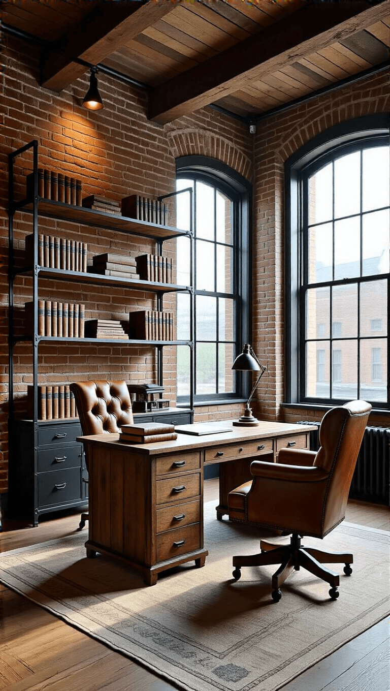 Rustic, refined home office featuring a 12ft ceiling, exposed brick wall, black metal shelving with vintage collections and books, a reclaimed wood desk with a cognac leather chair, and factory-style windows casting dramatic afternoon shadows.
