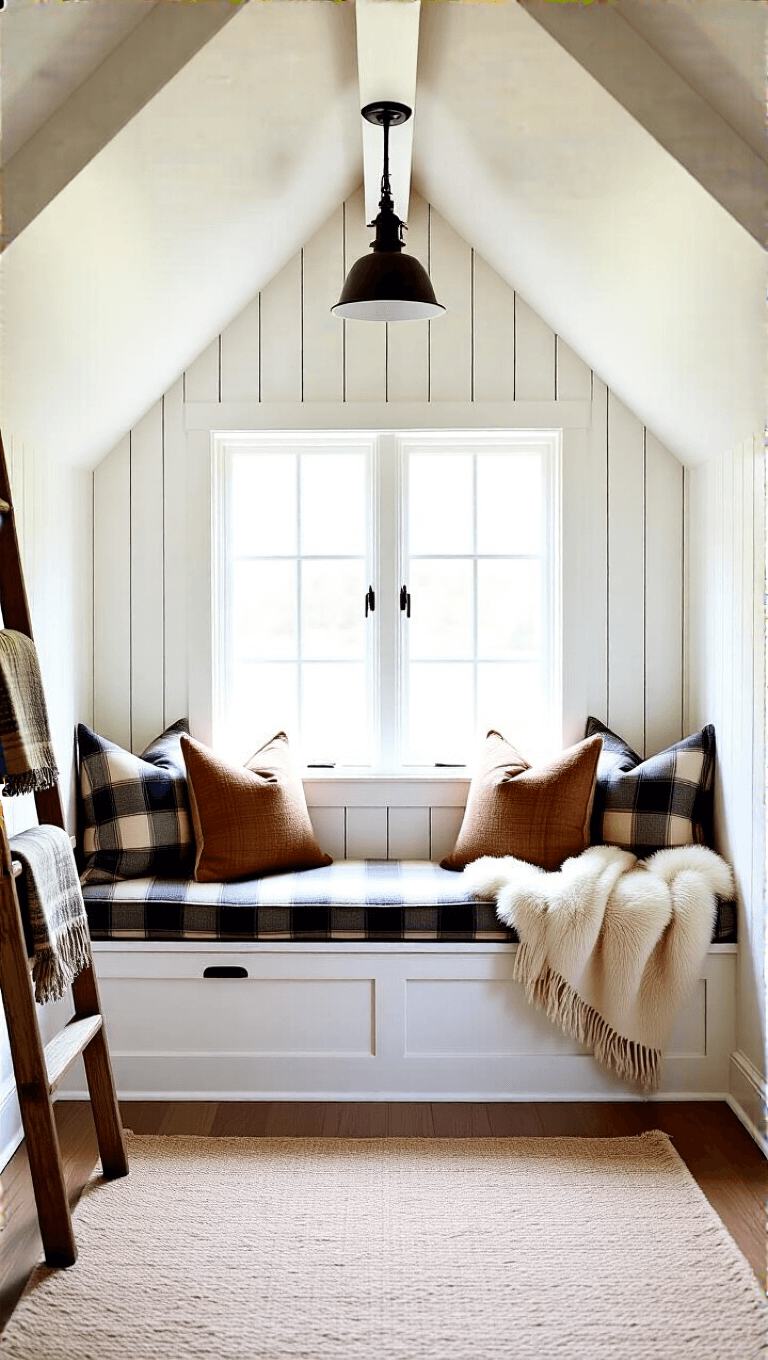 Cozy reading nook under pitched roof with whitewashed shiplap, window seat with plaid cushions, sheepskin throws, and vintage ladder with blankets in soft natural light