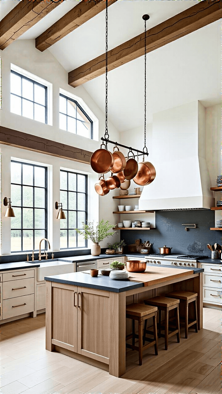 Modern barn kitchen with high ceiling and exposed beams, featuring soapstone counters, white oak cabinets with brass hardware, a center island with butcher block and copper cookware, and abundant morning light through steel-framed windows