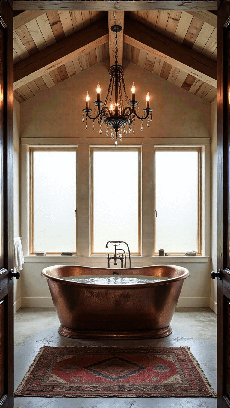 Spa-like bathroom with high ceiling, exposed fir beams, freestanding copper tub under a chandelier, concrete floors with vintage rugs, and afternoon light through frosted windows, captured from doorway