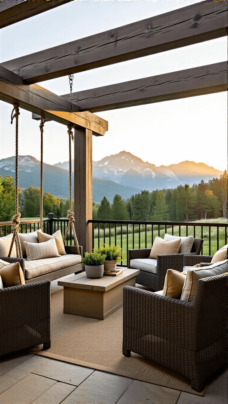Outdoor living space featuring a 20ft covered porch ceiling, weathered wood beams, a rope swing daybed, oversized wicker chairs with cushions, with a backdrop of mountain views in golden hour lighting.